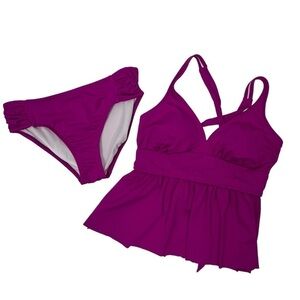 Women’s 2-pc Tankini & Bottom Bathing Suit Medium Raspberry Pink Padded Stretch